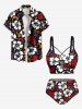 Plus Size Flowers Leaf Print Lace Up Panel Hawaii Tankini Set -  