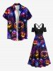 Plus Size Halloween Pumpkin Skulls Spider Web Galaxy Print Cold Shoulder Crisscross Maxi Dress -  