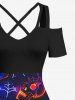 Plus Size Halloween Pumpkin Skulls Spider Web Galaxy Print Cold Shoulder Crisscross Maxi Dress -  