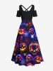 Plus Size Halloween Pumpkin Skulls Spider Web Galaxy Print Cold Shoulder Crisscross Maxi Dress -  