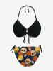 Hawaii Skulls Flowers Moon Print Halter Cinched Bikini Set -  