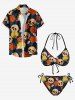 Hawaii Skulls Flowers Moon Print Halter Cinched Bikini Set -  