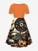 Plus Size Halloween Pumpkin Skulls Star Bat Moon Print Cinched Dress -  