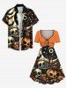 Plus Size Halloween Pumpkin Skulls Star Bat Moon Print Cinched Dress -  