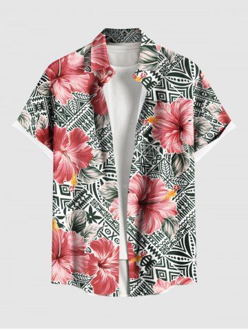 Plus Size Hibiscus Flowers Leaf Print Buttons Pocket Hawaii Shirt For Men - BLACK - S