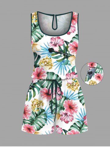 Plus Size Hibiscus Flowers Tropical Leaf Print Cinched Hawaii Romper - WHITE - XXS