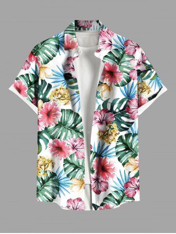 Plus Size Hibiscus Flowers Tropical Leaf Print Buttons Pocket Hawaii Shirt For Men - RED - 2XL