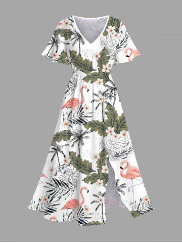 Plus Size Coconut Tree Flower Leaf Flamingo Print Split Hawaii Midi Dress - WHITE - XXS