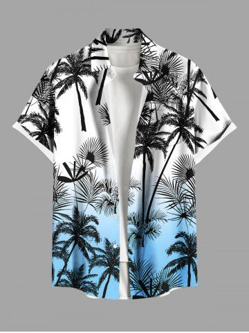 Plus Size Coconut Tree Tropical Leaf Ombre Colorblock Print Buttons Pocket Hawaii Shirt For Men - WHITE - XL