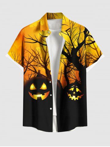 Plus Size Halloween Pumpkin Tree Print Buttons Pocket Shirt For Men - YELLOW - L
