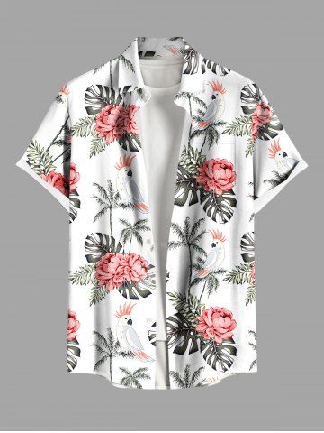 Plus Size Coconut Tree Flowers Tropical Leaf Parrot Print Buttons Pocket Hawaii Shirt For Men - WHITE - XL