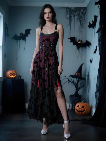 Gothic Floral Silver Flocking Lace Up Panel Lettuce Ruffles Hem Tank Dress - BLACK - XXXL