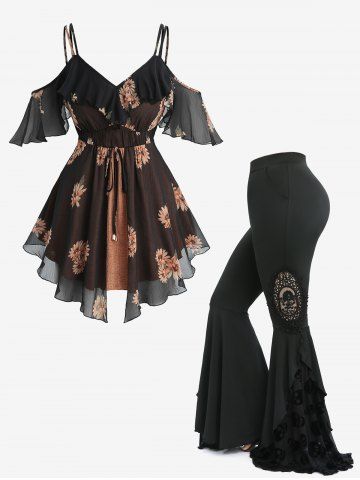 Sunflowers Print Ruffles Cover Cold Shoulder Blouse and Skull Flocking Applique Flare Pants Plus Size Outfit - COFFEE