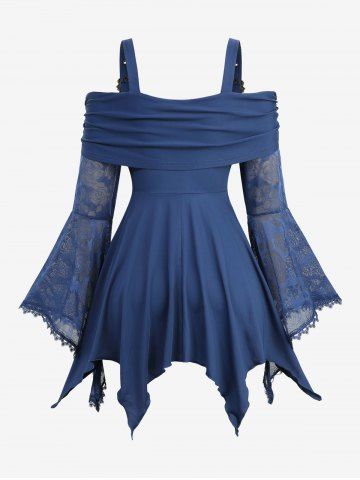 Rose Mesh Lace Up Panel Cold Shoulder Top and High Waisted 3D Print Leggings Plus Size Outfit