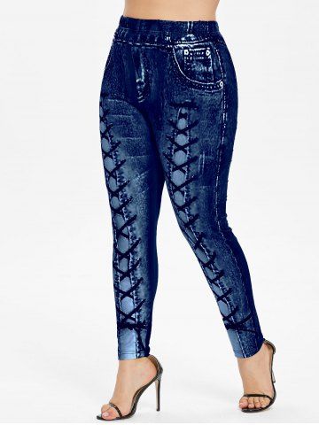 Rose Mesh Lace Up Panel Cold Shoulder Top and High Waisted 3D Print Leggings Plus Size Outfit