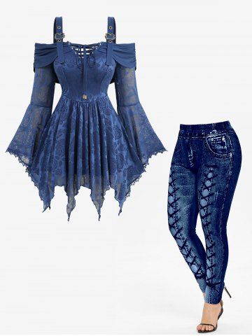 Rose Mesh Lace Up Panel Cold Shoulder Top and High Waisted 3D Print Leggings Plus Size Outfit - BLUE