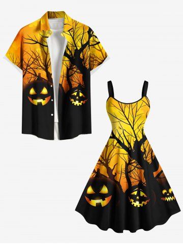 Halloween Pumpkin Tree Print Plus Size Matching Outfit For Couples - YELLOW
