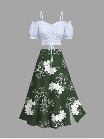 Solid Ruffles Cropped Top and Hibiscus Flower Leaf Branch Print Hawaii Split A Line Skirt Plus Size Matching Set - WHITE