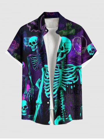 Plus Size Skeleton Heart Letters Print Halloween Button Pocket Shirt For Men - BLACK - S