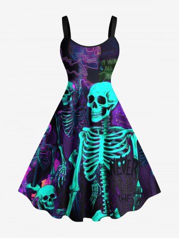 Plus Size Skeleton Heart Letters Print Halloween A Line Tank Dress - BLACK - XXS