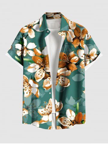 Plus Size Ombre Flower Print Hawaii Button Pocket Shirt For Men - GREEN - S