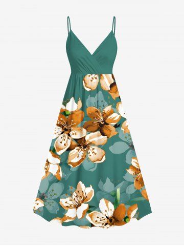 Plus Size Ombre Flower Print Hawaii Surplice A Line Cami Dress - GREEN - XS