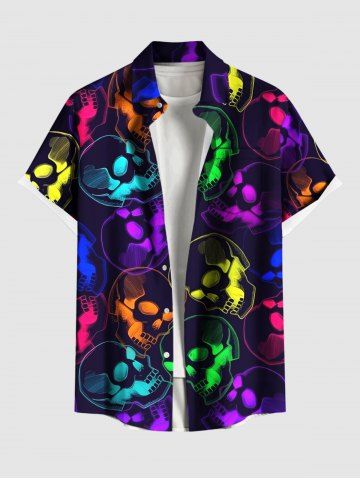 Plus Size Colorful Skull Print Halloween Button Pocket Shirt For Men - BLACK - S