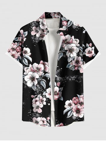 Plus Size Flower Leaf Print Hawaii Button Pocket Shirt For Men - BLACK - 2XL