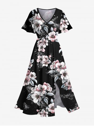 Plus Size Flower Leaf Print Hawaii Split Pocket A Line Midi Dress - BLACK - 4X