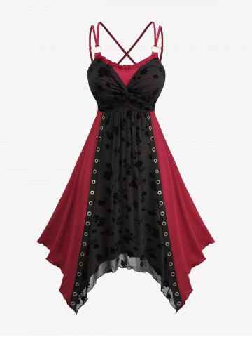 Plus Size Flower Flocking Twist Lace Up Crisscross Strappy Handkerchief Dress - DEEP RED - 5X | US 30-32