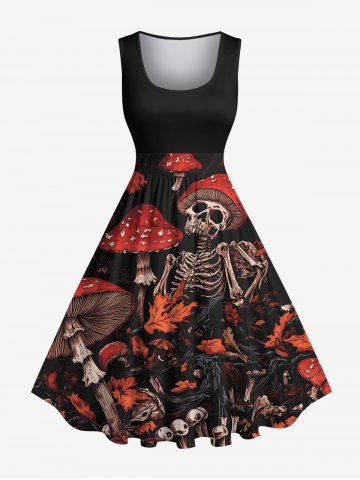 Plus Size Skeleton Mushroom Maple Leaf Print Halloween 1950s Vintage Swing A Line Dress - BLACK - 3X