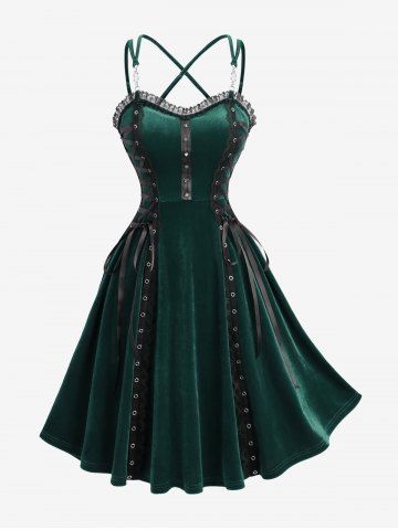 Lace Up PU Strap Rivet Crisscross Strappy Velvet A Line Dress - DEEP GREEN - S