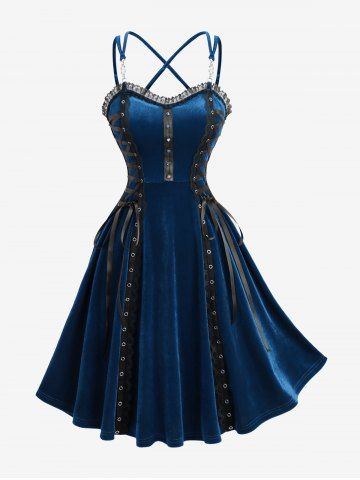 Lace Up PU Strap Rivet Crisscross Strappy Velvet A Line Dress - BLUE - S