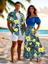 Flowers Tropical Leaf Print Plus Size Matching Hawaii Beach Outfit For Couples -  