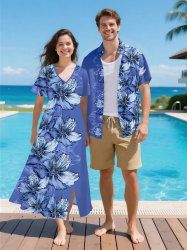 Flowers Leaf Print Plus Size Matching Hawaii Beach Outfit For Couples -  