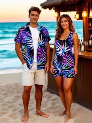 Matching Hawaii Shirt and Romper Plus Size Beach Outfit Colorful Tropical Leaf Printed for Couples -  