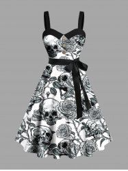 Plus Size Halloween Skull Rose Flowers Print Buttons Turn Down Collar Hawaii Dress With Belt -  