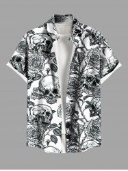 Plus Size Halloween Skull Rose Flowers Print Buttons Pocket Shirt For Men -  