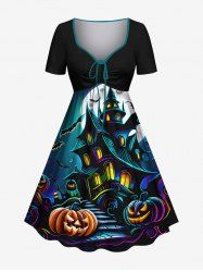 Plus Size Halloween Pumpkin Moon Bat Castle Print Cinched Dress -  