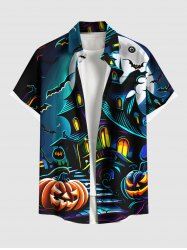 Plus Size Halloween Pumpkin Moon Bat Castle Print Buttons Pocket Shirt For Men -  