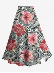Plus Size Hibiscus Flowers Leaf Print Split Hawaii Skirt -  