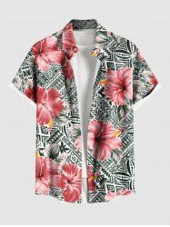 Plus Size Hibiscus Flowers Leaf Print Buttons Pocket Hawaii Shirt For Men -  