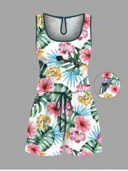 Plus Size Hibiscus Flowers Tropical Leaf Print Cinched Hawaii Romper -  