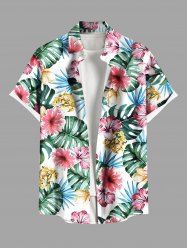 Plus Size Hibiscus Flowers Tropical Leaf Print Buttons Pocket Hawaii Shirt For Men -  
