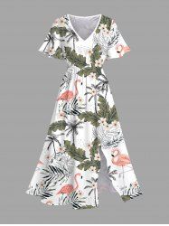 Robe mi-longue hawaïenne fendue grande taille à imprimé flamant rose et feuilles de cocotier - Blanc 4X