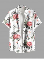 Plus Size Coconut Tree Flowers Tropical Leaf Parrot Print Buttons Pocket Hawaii Shirt For Men -  