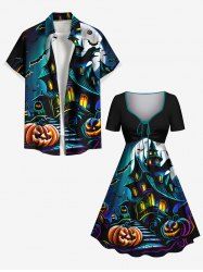 Halloween Pumpkin Moon Bat Castle Print Plus Size Matching Outfit For Couples -  