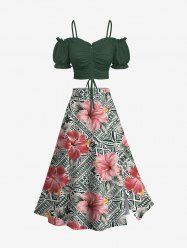 Hibiscus Flowers Leaf Print Hawaii Plus Size Matching Set -  