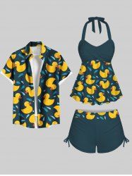 Maillot de bain grande taille imprimé canard et gouttes d'eau, tenue de plage hawaïenne assortie pour couples - Vert profond 