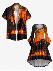 Halloween Cat Candle Tree Print Plus Size Matching Outfit For Couples -  